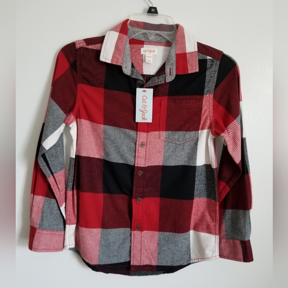 Girl button down Checkered Red Black And White shirt size M( 8/ 10)